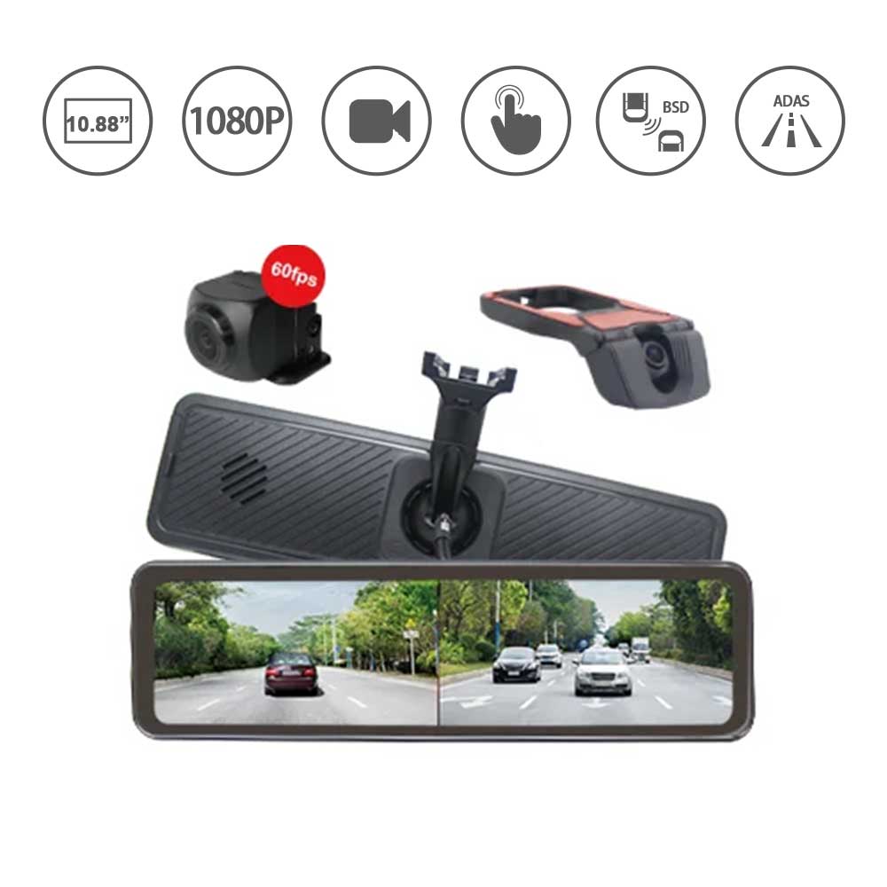 ADAS BSD Function 10.88 Inch HD Rearview Mirror Monitor Dual Camera System